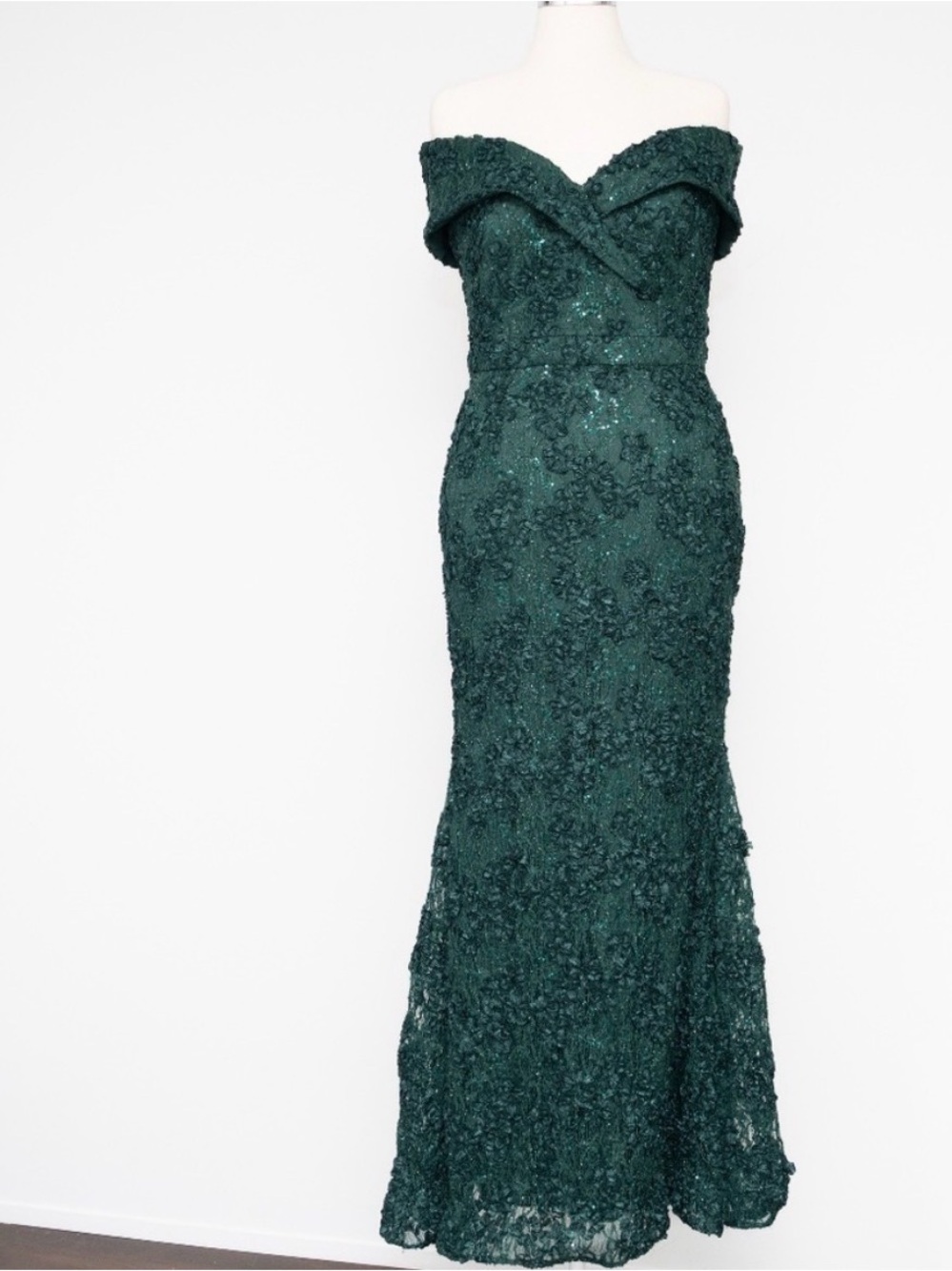 Xscape Off-Shoulder Teal Lace Evening Gown - Picture 7 of 14